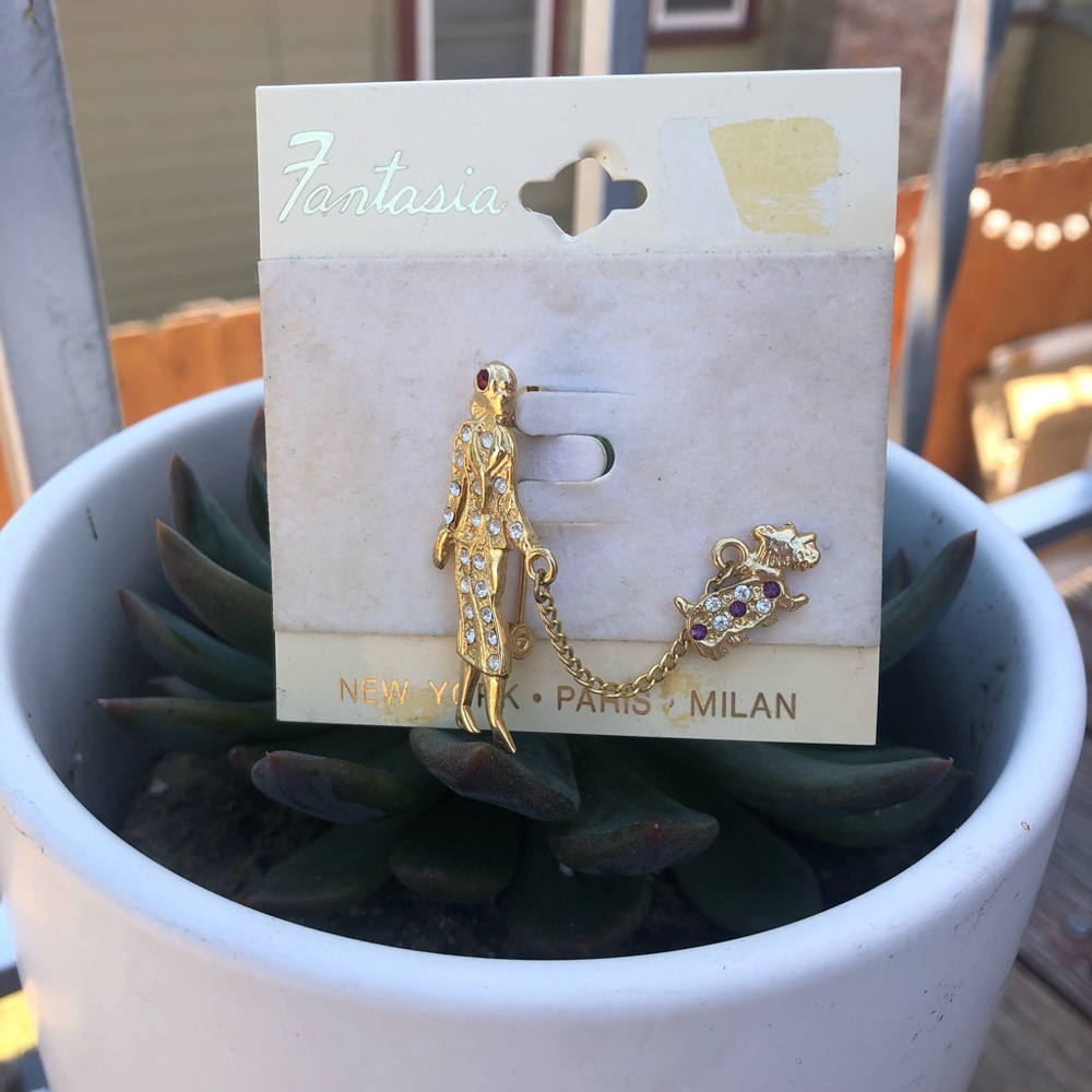 Gold Dog Walking Schnauzer Rhinestone Brooch Pin